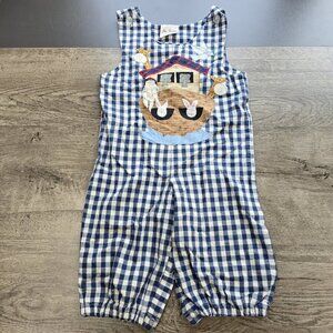 Just Peanuts Embroidered Noah's Ark Romper John John Boys Size 12 Month Gingham